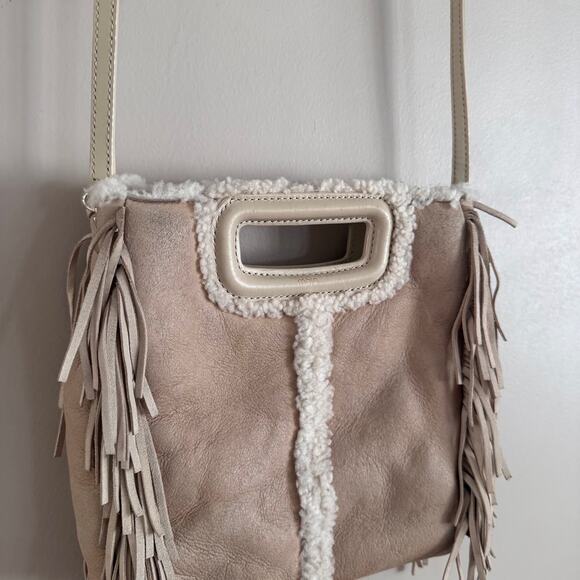 Maje Sheepskin Sherpa Fringe Crossbody Handbag Nude Natural Cream - Picture 2 of 9